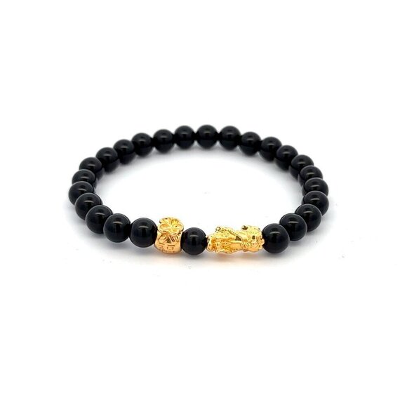 18K Gold Dragon Pixiu Piyao Money Bag Lucky Charm Bracelet Gemstones Onyx 6mm - Picture 1 of 5